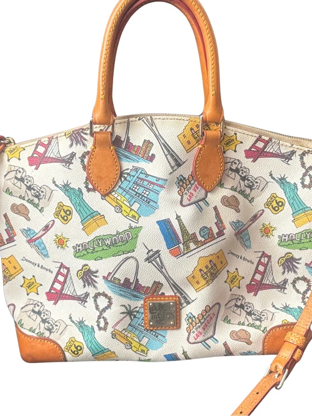 Dooney & Bourke White Leather USA Travel Icons Satchel Handbag w/ Tan Trim